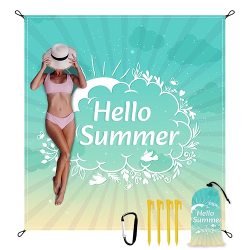 Beach Blanket Waterproof Sandproof Oversized Extra 110" * 118"/ 9 * 10 Ft Sand Free Beach Mat with Stakes, Storage Bag - Essentials for Outdoor Beach, Picnic,Quick Drying Durable - color: Hellosummel, size: 9x10 FT (1～8 Person)