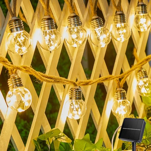 Brightown Solar String Lights Outdoor, 2 Pack 30Ft Vintage Hemp Rope Patio Lights with 15 Shatterproof Bulbs, 8 Light Modes Waterproof Hanging Lights for Backyard Fence Café Bistro Decor, Warm White - size: 60FT G45