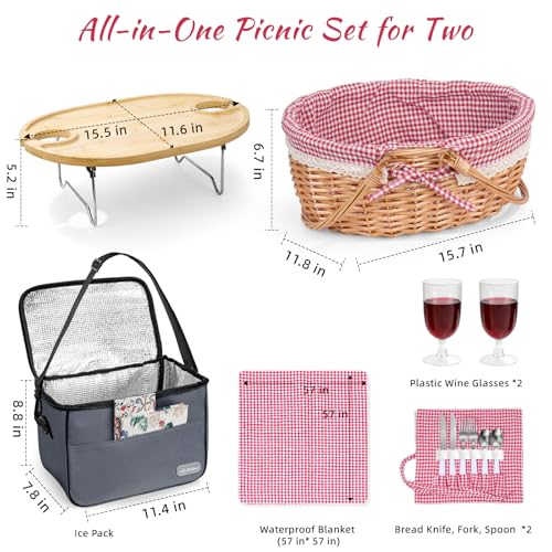 Picnic Basket for 2 with Table and Blanket Collapsible Cooler Bag Insulated Picnic Set for Beach Picnic Hamper Picnic Date Essentials for Outdoor Picnic Accessories Wedding Gift/Bridal Shower Gift - color: Red and White Lining
