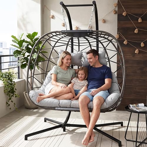 BULEXYARD Double Hanging Egg Chair with Cover and Stand, 2 Person Oversized Outdoor Swing Hammock Chair, Heavy Duty Wicker Loveseat with Cushion for Patio Balcony Backyard, Light Grey - color: Grey/Light Grey, size: 2 Seats with Cover