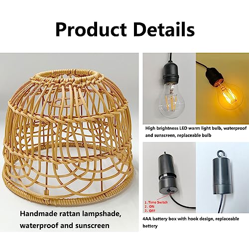 Outdoor Pendant Light Chandelier for Gazebo Battery Operated Boho Hanging Lamp Handmade Rattan Decorative Lights LED Lantern Bulb Powered by 4*AA Batteries for Porch Patio Backyard Decor