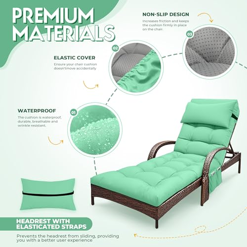 Outdoor Chaise Lounge Cushion, Waterproof Lounge Chair Cushion for Outdoor Furniture, 71 x 21 x 4 Inches Patio Cushion with Straps for Lawn Pool Furniture (Cyan, Lounge Chair Cushion) - color: Cyan