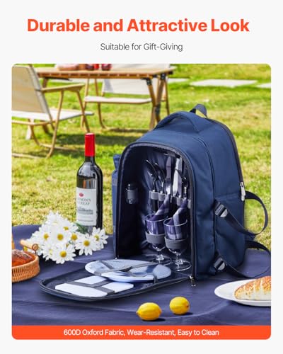 VEVOR Picnic Backpack, Beach Picnic Backpack Bag for 2 Person with Insulated Cooler Compartment, Detachable Bottle/Wine Holder, Lightweight Blanket, Plates & Cutlery Set for Hiking, Camping, Navy Blue - size: single layer for 2 & blue
