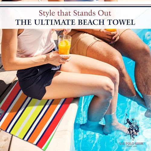U.S. Polo Assn. Oversized (40” x 70”) Striped Nautical Design Beach Towel - Luxury Plush Cotton Hotel Quality for Bath, Pool - Flame Stripe - color: Flame Stripe, size: 40" x 70"