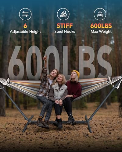 Everyfun Double Hammock with Space-Saving Steel Stand, 2 Person Heavy-Duty Hammock for Garden, Yard or Outdoor, 600lbs Capacity, Coffee - color: Dc-coffee