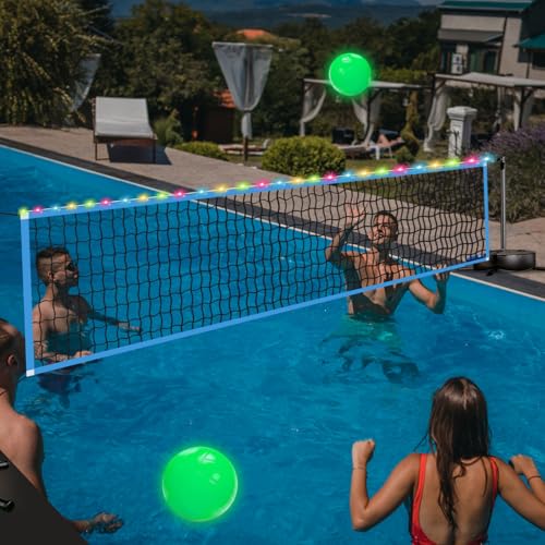 Pool Volleyball Net with Light - Portable Outdoor LED Volleyball Net with 2 Glowing Balls and Weighted Bases, Swimming Pool Sports Game Set, Adjustable Length 15-30FT for Inground Pools