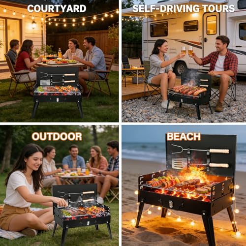 Portable Charcoal BBQ Grill Kit, Foldable Camping Mini Grill for Outdoor Cooking, Compact Design Barbecue Accessories with Barbecue Tools, Perfect for Beach, Backyard, Picnics (Mini Grill)