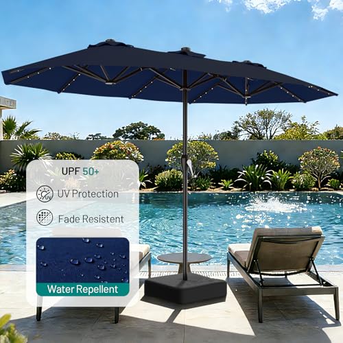 AreShark 15FT Patio Umbrella with Solar Lights, Double Sided Outdoor Table Umbrellas with Crank, Large Rectangular Market Umbrella for Porch, Lawn, Pool, Backyard, Navy - color: Navy, size: 9x15 Ft