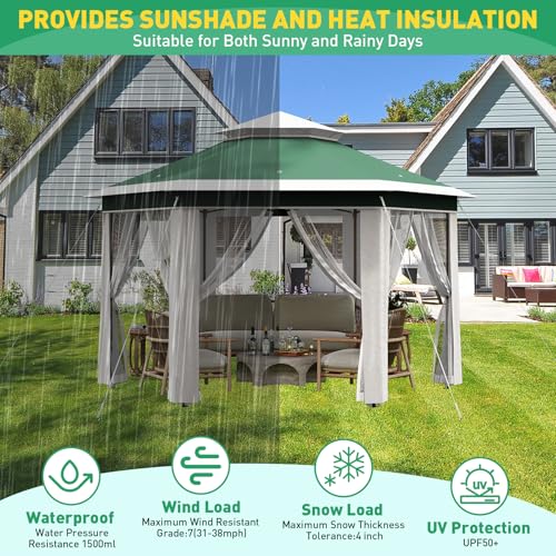 13X13 Pop Up Gazebo,Outdoor Canopy Tent with Mosquito Netting, Double Vented Roof Sun Shelter with Adjustable Heights,Outdoor Gazebo for Backyard & Patio Furniture.(Green with Beige-Hexagonal). - color: Green with beige