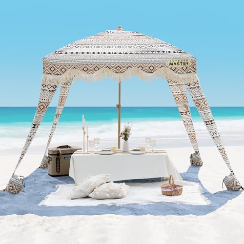 OutdoorMaster Beach Cabana with Fringes, Portable 6' x 6' Beach Canopy for Sand, Easy Set Up Beach Shelter, Included Side Wall, UPF 50+ UV Protection Sun Umbrella - for Family & Friends - color: Retro Brown