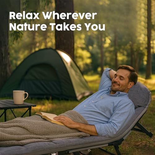 SnozeFlex Chaise Lounge Chair, Folding Cot, 6-Angle Adjustable Camping Cot with Mattress for Patio and Beach, Foldable Bed Portable Heavy Duty Lay Flat Reclining with Pillow (Grey, XL - 80")