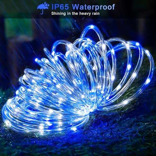 JMEXSUSS 200 LED Solar Rope Lights for Christmas Decor, 72ft IP 65 Outdoor Waterproof Christmas Rope Lights with 8 Modes, Blue and White Solar Christmas Lights for Fence Yard Walkway Christmas - color: Blue and White, size: 200 LED