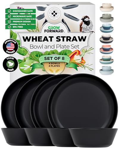 Grow Forward Premium Wheat Straw Plates and Bowls Sets - 8-Piece Wheat Straw Dinnerware Sets - Unbreakable & Reusable Microwave Safe Plastic Dinner Plates for Outdoors, RV, Camping Dishes - Midnight - color: Midnight Black