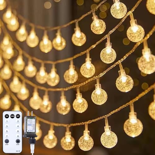 Minetom Crystal Globe String Lights Plug in - 66 ft 200 LED Globe Fairy String Lights with Remote and Timer, Waterproof for Bedroom Tent Loft Bed Window Porch Patio Wedding Holiday Decor, Warm White - color: 66 FT - Warm White