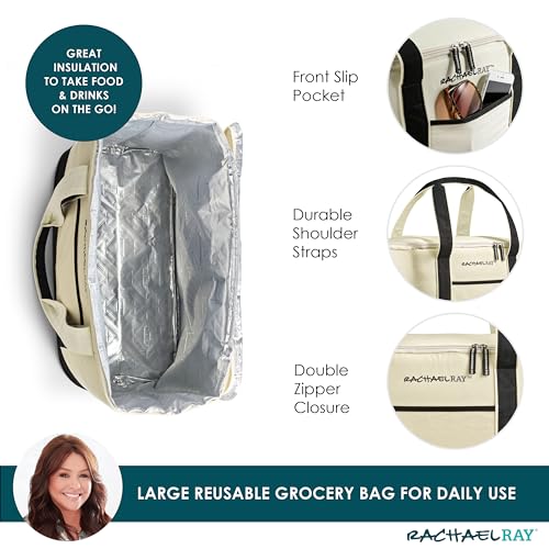 Rachael Ray Soft Reusable Insulated Canvas Grocery Tote Bag, Ivory - color: Ivory