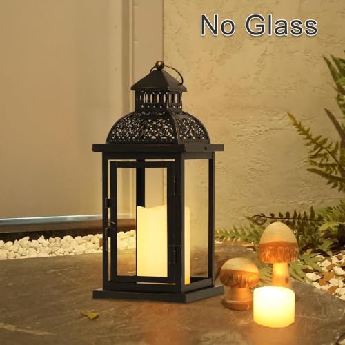 No Glass Lanterns Decorative Indoor & Outdoor, 15'' Candle Lantern Decorative Christmas Indoor Outdoor Decor, Vintage Metal Hanging Lanterns with LED Candle for Patio, Front Porch,Yard, Table - color: Black / 15''h / Timed Candle