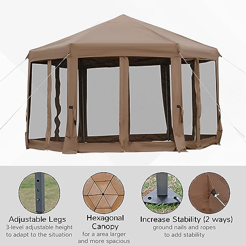 Outsunny 13' x 11' Hexagonal Pop Up Gazebo, Heavy Duty Outdoor Canopy Tent with 6 Mesh Sidewall Netting, 3-Level Adjustable Height and Strong Steel Frame, Brown - color: Brown
