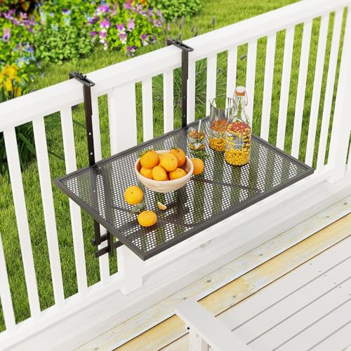 HAPPYGRILL Balcony Railing Table, Outdoor Folding Hanging Table with 5 Adjustable Heights, Heavy Duty Metal Hanging Bar Table for Patio, Garden and Deck