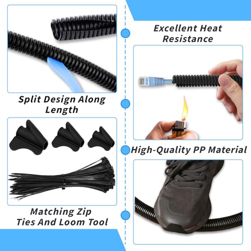 Split Wire Loom Tubing 1/4", 1/2", 3/8" x 50 FT Wire Protector Tubing, Automotive Wire Flexible Conduit Cord Covers with 50 Cable Ties for Automotive Marine RV Agriculture Electrical Cable Protection - color: Black, size: 1/4,1/2,3/8 in x 50ft