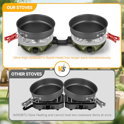 BODEGA 2 Burner Camping Stove,20000 BTU Folding Propane Camp Stove with Pressure Adjustable Burners,Wind-Resistant Dual Gas Stoves with Portable Handle&Bag&GrillPan for Camping,BBQ,RVs,Tailgating - size: With Frying Pan