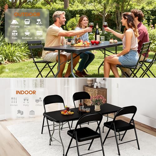 5ft Folding Table Heavy Duty 350 LBS Capacity Foldable Table with 18% Thicker HDPE Waterproof Top & Reinforced Steel Frame, Portable Fold-in-Half Table for Outdoor Indoor Party Wedding Camping - color: Black, size: 5Ft