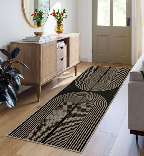 Rugalia Easy Jute Rainbow Runner Rug, 2x6 Black Washable Rugs Runner for Hallway Non-Slip Boho Farmhouse Kitchen Runner Rug, Modern Abstract Indoor Outdoor Carpet for Porch Laundry Entryway - color: Black Rainbow, size: 2' x 6' (Runner)