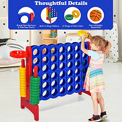 Costzon Giant 4-in-A-Row, Jumbo 4-to-Score Giant Game w/Basketball Hoop, Ring Toss, Quick-Release Slider, 42 Jumbo Rings, Indoor Outdoor Family Connect Game for Kids & Adults, Backyard Games, Red - color: Blue/Red