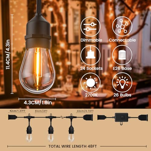48ft Outdoor String Lights with Remote & Dimmer,24+2 Commercial Grade IP65 Waterproof Bulbs, 2700K Warm White,3 Lighting Modes & Timer,Includes 30 Cable Ties for Patio,Garden, Party - size: 48FT with 24+2Bulbs(2FT Bulbs Spacing)