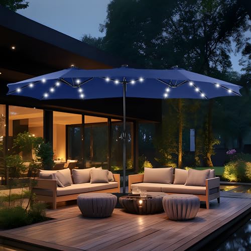 MFSTUDIO 15ft Double Sided Patio Umbrella with Solar Lights, Outdoor Large Umbrellas with Crank Handle and 36 LED Lights, Rectangular Market Umbrella with Base Included for Deck Pool Shade, Haze Blue - color: Haze Blue