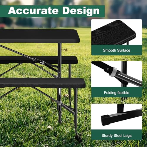 4 Pack 6ft Folding Bench, Plastic Folding Bench for Picnic Camping Dining Party Garden, 6 feet Foldable Benches for Soccer Multipurpose Entertaining Activities, Smooth HDPE Tabletop, Black - color: Black, size: 4 Folding Bench