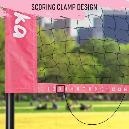 20ft Outdoor Volleyball & Badminton Combo Net Set for Backyard Beach with Adjustable Poles, Durable Anti-Sag Net, PU Volleyball, 2 Aluminum Rackets - color: Pink