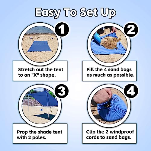 EasierHike Beach Shade Tent, 7 × 7.15 Ft Portable Easy Pop Up Beach Canopy, UPF50+ Sun Protection Shelter, Windproof & Water Resistant, Stable with 4 Sandbags & Windproof Cords, Perfect for Family - color: Royal Blue, size: 7x7.15 FT 2 Poles