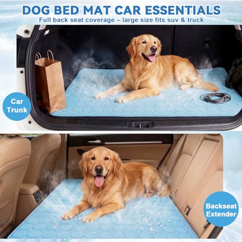 Hahafelt 54"x24.8" Dog Cooling Mat for Car Back Seat, Ice Silk Pet Bed Mat, Non Slip Summer Cooling Pad for Dogs and Cats, Fits Backseat Extenders Protector, Trucks, Suvs, Indoor & Outdoor (Sky Blue) - color: Sky Blue