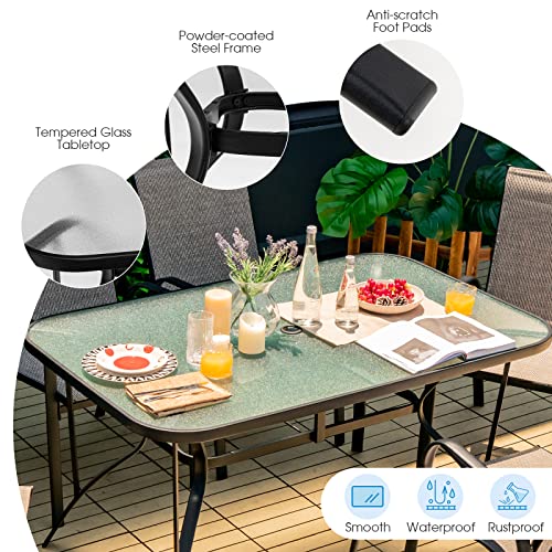 Tangkula 55" Patio Dining Table for 6, Rectangle Outdoor Dining Table with Tempered Glass Tabletop, Umbrella Hole & Metal Frame, 6-Person Outside Dining Table for Backyard, Lawn, Deck & Poolside - size: 55" x 35" x 28"