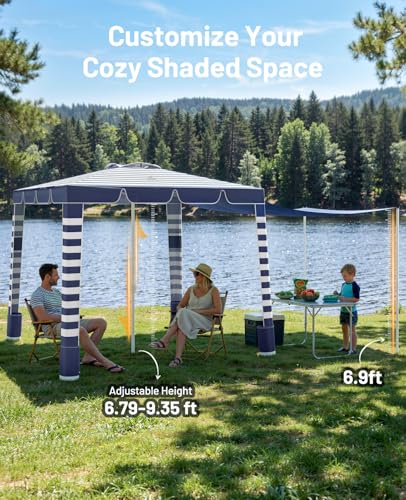 Rhino Valley Beach Cabana, 120 Sq. Ft Beach Canopy UPF50+ Protection, Easy Setup & Adjustable Height Beach Tent Sun Shelter with Cup Holder, Portable for 4-8 People, Blue & White Stripes - color: Blue & White Stripes