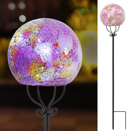VCUTEKA Solar Outdoor Lights Garden Decor Mosaic Solar Garden Lights Waterproof Glass Ball LED Pathway Stake Light for Landscape Lawn Patio Yard Decoration 6 inch, Pink - color: Pink
