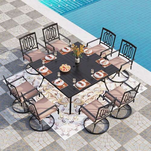 PHI VILLA 9 Pieces Outdoor Dining Set for 8, 60" Black Square Wrought Iron Table with Umbrella Hole & Swivel Metal Chairs with Cushions, Large Outside Furniture Set for Patio, Deck, Yard, Porch - color: Hexagon Back Swivel Chair, size: 9PCS-60" Steel Tabl