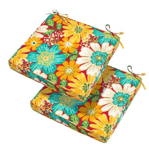 Magpie Fabrics Indoor Outdoor Waterproof Square Chair Cushion, 18" x 18" x 2.5", 2 Pack, Water Resistant Seat Cushions, for Patio Garden Office, Ambry Red Hibiscus - color: Ambry Red Hibiscus
