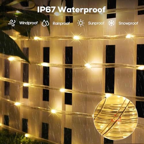 ICRGB Solar Rope Lights Outdoor, 66FT 200LED Christmas Fairy Light with Remote, IP67 Waterproof Solar String Lights, Timing & 8 Modes, Outdoor Light for Garden Patio Porch Pool, Warm White - color: Warm White, size: 66FT