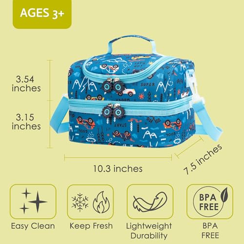 Insulated Kids Dual Compartment Lunch Bags Tote Pack for Girls Boys Toddler Kindergarten School Picnic Food Cooler Boxes with Shoulder Strap (Blue Car) - color: Blue Car