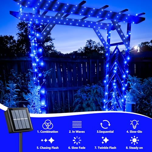 QITONG 4 Pack Solar Fairy Lights, Each 33ft 100 LED Blue Christmas String Light Outdoor Waterproof, 8 Modes Silver Wire Twinkle Mini Lights - color: Blue, size: 4Pack*100LED