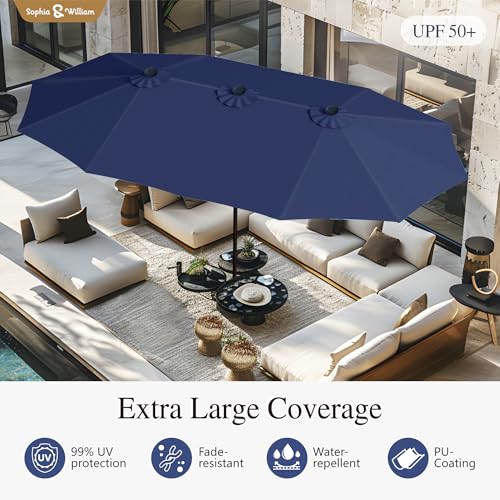 Sophia & William 15 ft Extra Large Patio Umbrella with Base Included, Rectangular Outdoor Umbrella Heavy Duty, Market Umbrella Double-sided Fade Resistant for Pool Garden Backyard, Navy Blue - color: Navy Blue