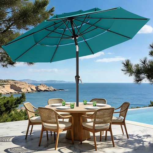 AreShark 9ft 3-Tier Patio Umbrellas, Outdoor Umbrella with 8 Sturdy Ribs UV Protection Windproof, Market Table Umbrella w/Push Button Tilt & Crank for Pool, Porch, Deck, Garden(Lake Blue) - color: Lake Blue