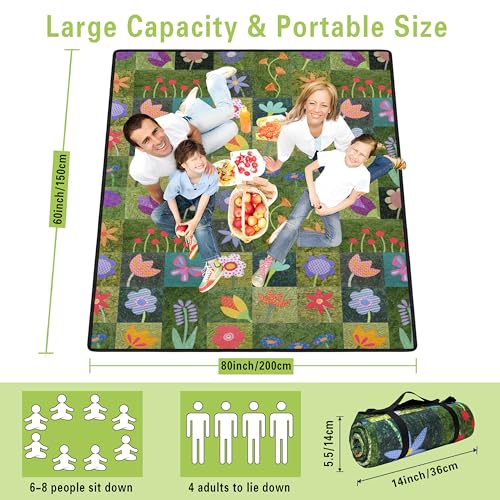 Supfitness Extra Large Picnic Blankets Waterproof Foldable (60 "x 80") Beach Blanket Waterproof Sandproof,3-Layer Thicking Mat Outdoor Packable Camping Blanket - color: Flower-1, size: 5' x 6'8" (Rectangular)