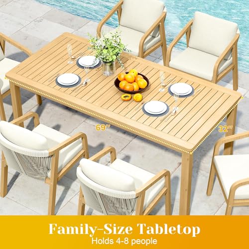 FansaFurn 3-Piece Outdoor Dining Set for 4 with 2 Benches and Cushion, All-Weather Acacia Wood Patio Table and Bench Set for Garden and Lawn, Beige