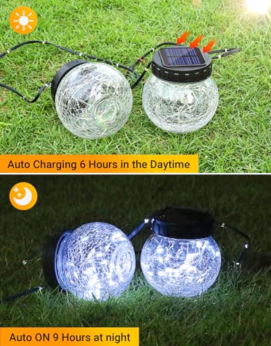 PARTPHONER Solar Lights Outdoor Waterproof 12-Pack, Solar Powered Hanging Lantern Cracked Glass Hanging Globes for Yard Decor Christmas Decoration, Shepherd Hook, Garden Tree Ornaments, Cold White - color: Cold White