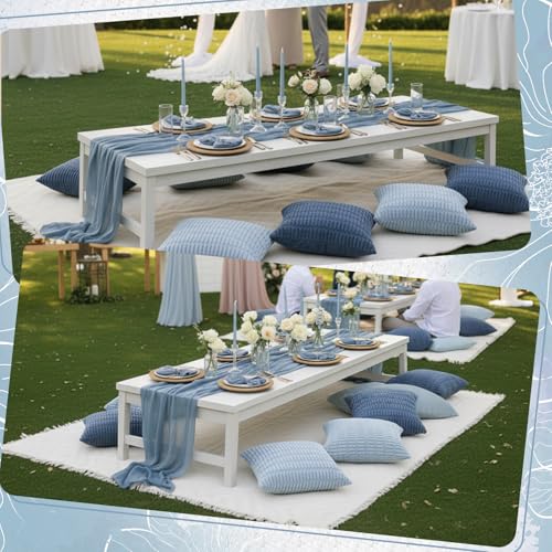Beeveer 91 x 71 Extra Large Outdoor Boho Picnic Blanket with Gray Blue Table Runner, 6 Throw Pillow Covers 6 Napkins Woven Cotton Yarn Oversize Beach Blanket Washable Picnic Camp Wedding - color: Gray Blue