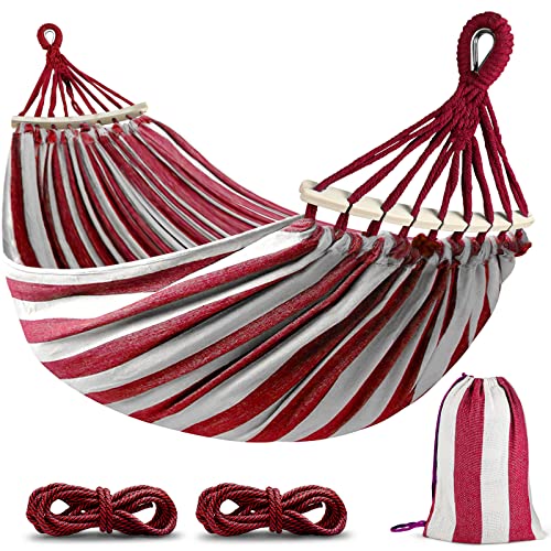 MOSFiATA Hammocks Portable Camping Hammock Upgraded 550lb Thickened Fabric Single Hammocks with Two Anti Roll Balance Beam and Tree Straps for Camping, Patio, Backyard, Outdoor(Red White) - color: Red White
