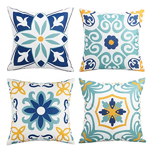 Pyonic Outdoor Waterproof Throw Pillow Covers Set of 4 Floral Printed and Boho Farmhouse Outdoor Pillow Covers for Patio Funiture Garden 20x20 Inch Blue - color: Blue, size: 20" x 20" (Pack of 4)