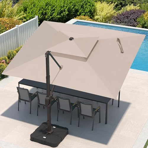 9x12 FT Cantilever Patio Umbrella with Base and Led Lights Double Top Outdoor Rectangular Large Heavy Duty Aluminum Offset Umbrellas with 7 Level Tilt 360-degree Rotation for Pool Garden Deck, Beige - color: Beige, size: 9' X 12'-with Light & Base